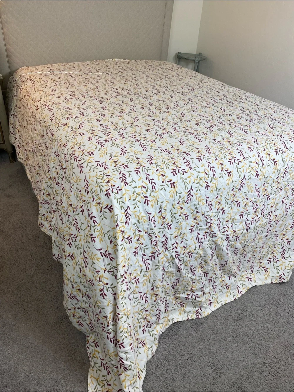 Floral Vine White Flannel Sheet Set CAL King Burgundy & Mustard Leaf Print